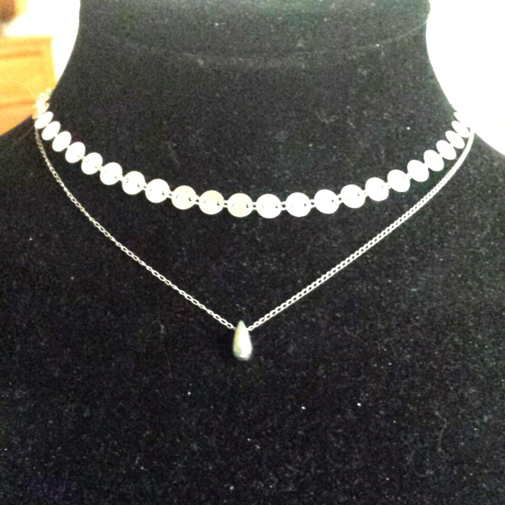 2 Strand Disk Choker and Teardrop Charm Necklace